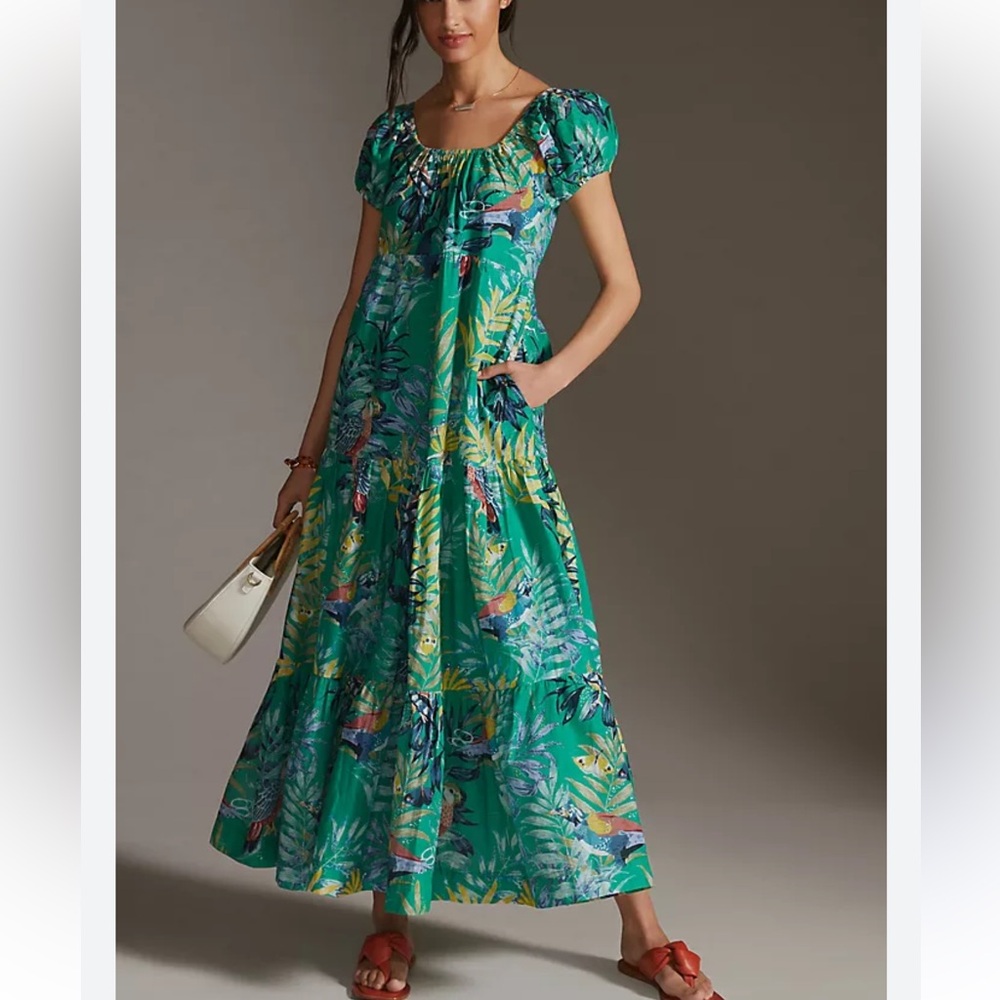 Maeve Tropical Tiered Maxi Dress. Size: M